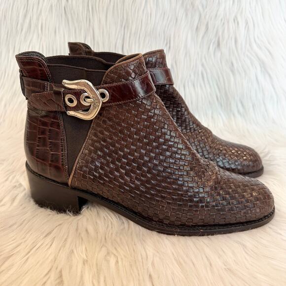 Brighton Shoes - Brighton Winona Woven Leather Ankle Boot Snake Print Silver Buckle Chelsea Brown